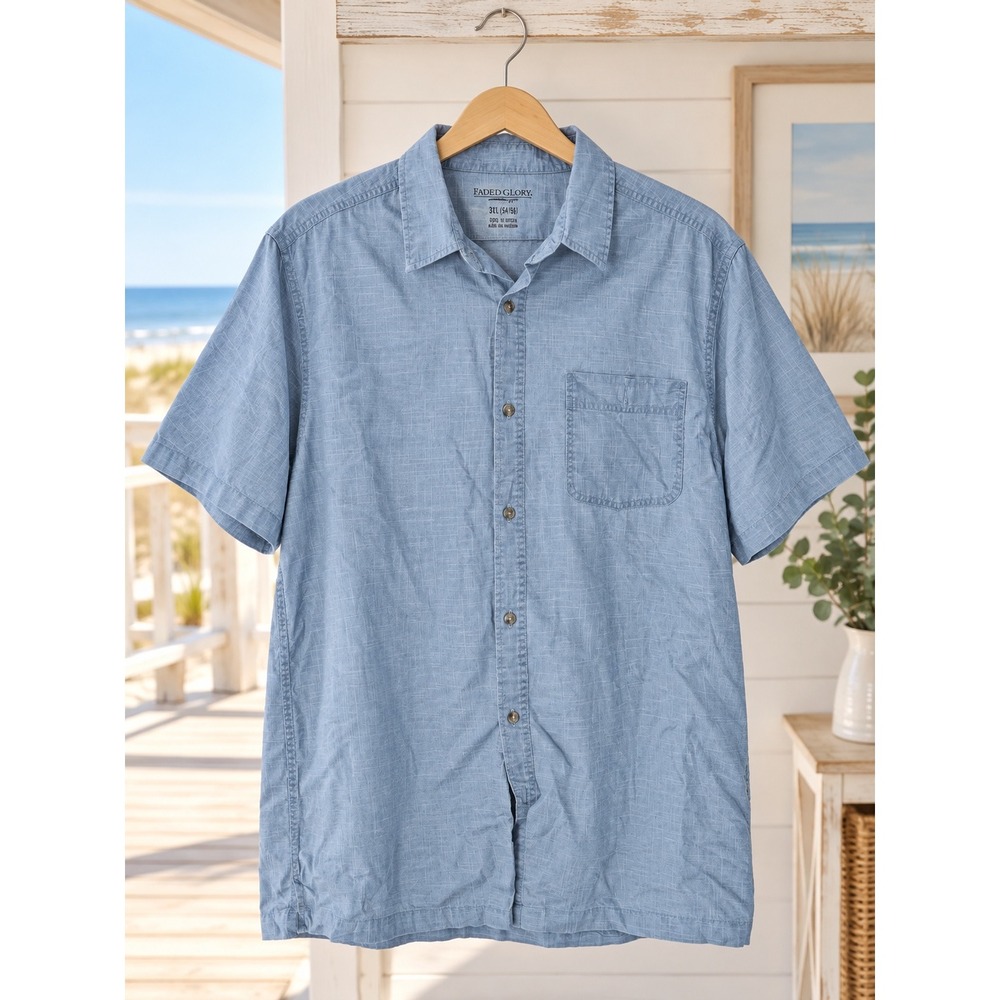 Faded Glory Button Down Shirt Mens L Blue Cotton Short Sleeve Coastal Dadcore